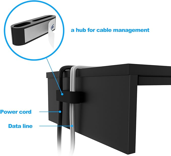 1home Ergonomic Monitor Stand Riser, 21.3 Inch Wood Desktop Stand with Cellphone Holder and Cable Management, Black | Wood Desktop Organizer with Cellphone Holder and Cable Management for PC, Laptop, Printer and Home Office Workspace
