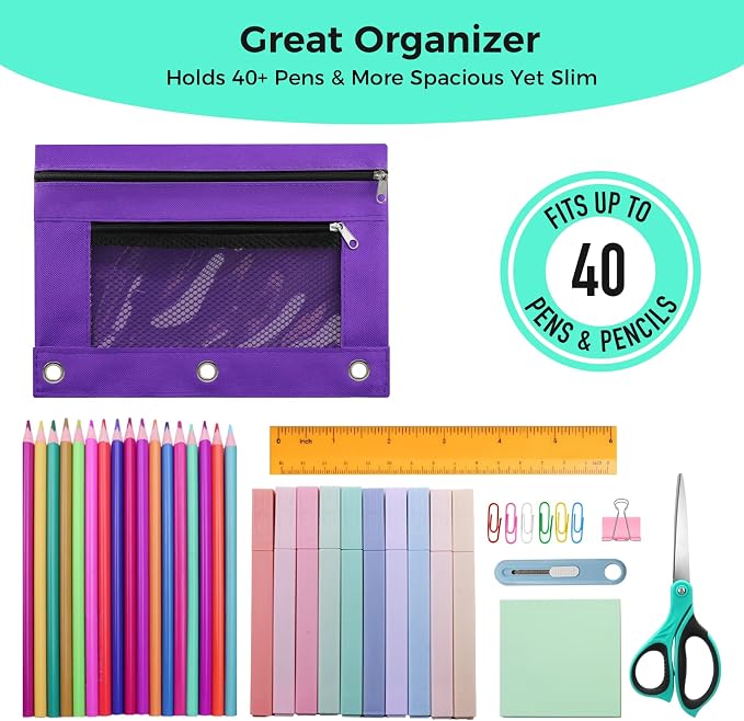 Pencil Pouch for 3 Ring Binder, Pencil Case with Zipper, 600D Fabric Pencil Pouch Bag Holder Accessories, Clear Window Pencil Case Aesthetic Back to School Organizer Pockets for Boy Girl (Purple)
