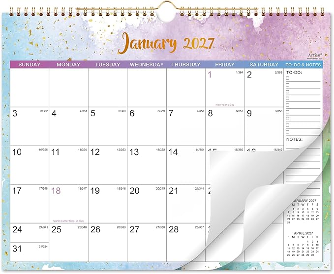 2027 Calendar - 2027 Wall Calendar, JAN 2027 - DEC 2027, 15" x 11.5" | 2027 Wall Calendar 12 Month, Twin-Wire Binding, Julian Dates, Large Block, Notes, To-do List, Thick Paper - Colorful Waterink