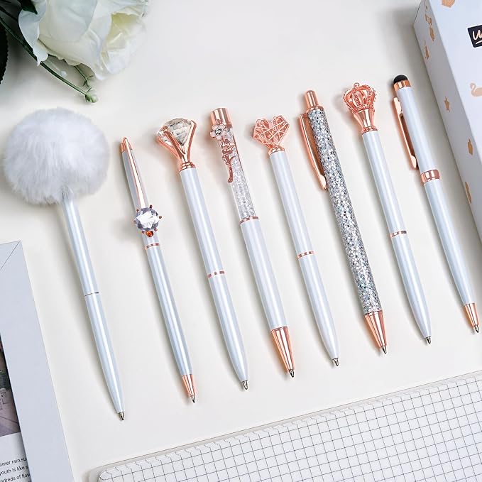 WEMATE 8Pcs Fancy Pens Set, Metal Crystal Diamond Pens White | With Black & Blue Ink, Glitter Design for Journaling, Office Supplies, School Use & Gifts for Women