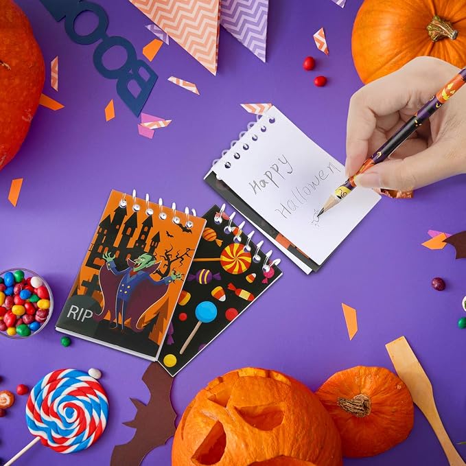 48 Pieces Halloween Mini Notepads Mini Spiral Notebooks Pumpkin Pattern Notebooks Halloween Memo Pad Notebooks for Halloween Party Home School Supplies, 12 Styles (Quantity of Each Style is Random)
