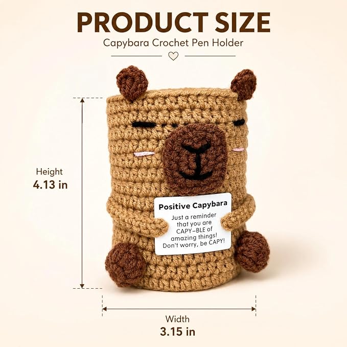 Positive Crochet Capybara Pen Holder - Cute Knitted Desk Organizer for Pens & Makeup Brushes, Funny Emotional Support Capybara Gift for Office & Teachers (Color‌1)