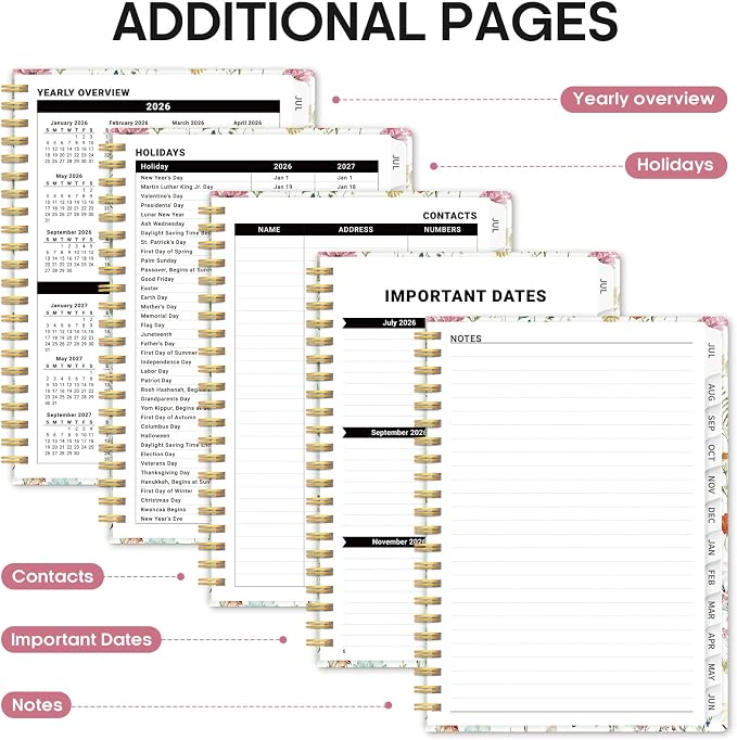Planner 2026-2027, Academic Year Monthly and Weekly Calendar Planner, Jul 2026 - Jun 2027, Hardcover Teacher Student Planning Agenda book with Tabs, Perfect for School Office Supplies, 8.5" x 11" - Wildflowers