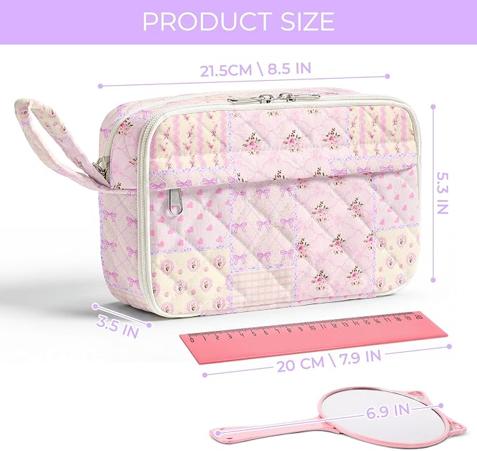 WOBAGMEN Quilted Pencil Pouch for Girls Women, Large Pencil Case Pouch with Compartments Cute Aesthetic Pencil Case Organizer, Floral Pencil Bag for School Supplies (pink pin)
