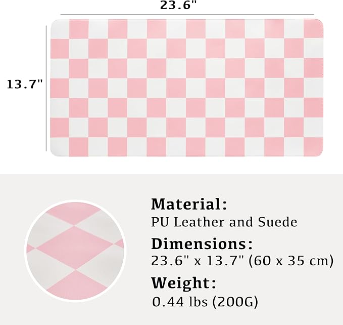 Ohocut Checkered Desk Mat, Large Cute Aesthetic Retro PU Leather Computer Laptop Desk Mat, Non-Slip Waterproof Mouse Keyboard Pad, Desk Writing Mat for Work/Home (Pink, 23.6" x 13.7")