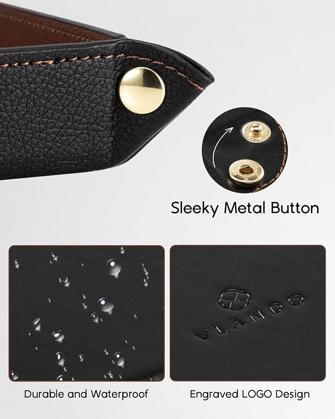 VLANDO Valet Tray for Men, Foldable PU Leather Catchall Tray, Black | Travel Valet Tray for Keys, Wallet, Watch, Phone and Glasses, Nightstand Dresser Desk Entryway Organizer for Men and Women