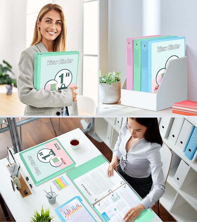 3 Ring Binder 1 inch，Cute Binder Organizer with 5 Tab Dividers Fits 175 Sheets of 8.5x11 Paper, Customizable Clear Cover with Inside Pockets, Aesthetic 1" Three Ring Binders for School Office，Green