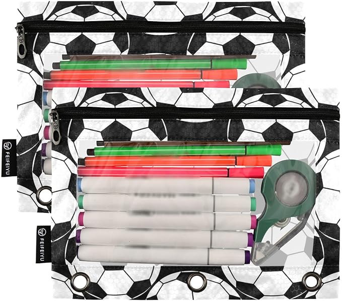 Soccer Pencil Pouches for 3 Ring Binder, Zipper Binder Pencil Case, 2 Pack Clear Window Case Bag for Office Organizers