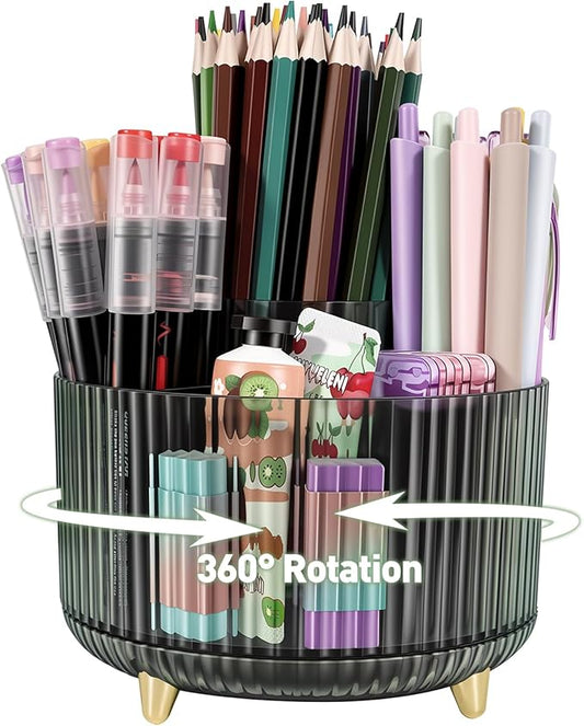 360 Rotating Pen Pencil Holder for Desk, Pen Organizer with 5 Slots, Makeup Brush Holder, Desk Organizer and Accessories, Cute Pencil Cup Caddy for Office School Home Decor Art Supply (Green)