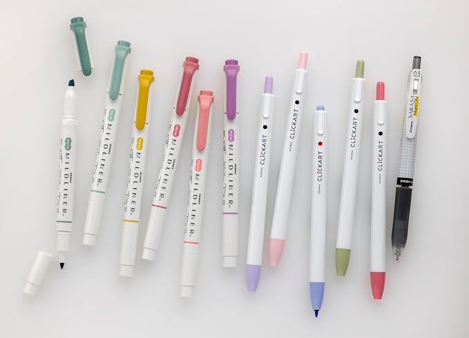Journaling Kit: 6 Mildliner Highlighters + 5 ClickArt Markers + 1 Sarasa Mark-On Pen by Zebra Pen