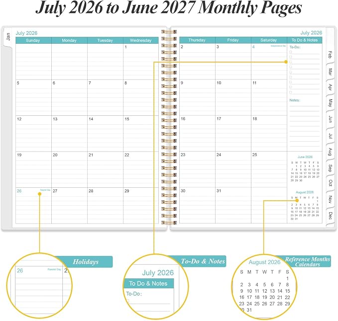 2026-2027 Planner - Planner 2026-2027 from July 2026 - June 2027 with 12 Monthly Tabs, Flexible Cover, Inner Pocket, 8.5" x 11", Blue Watercolor