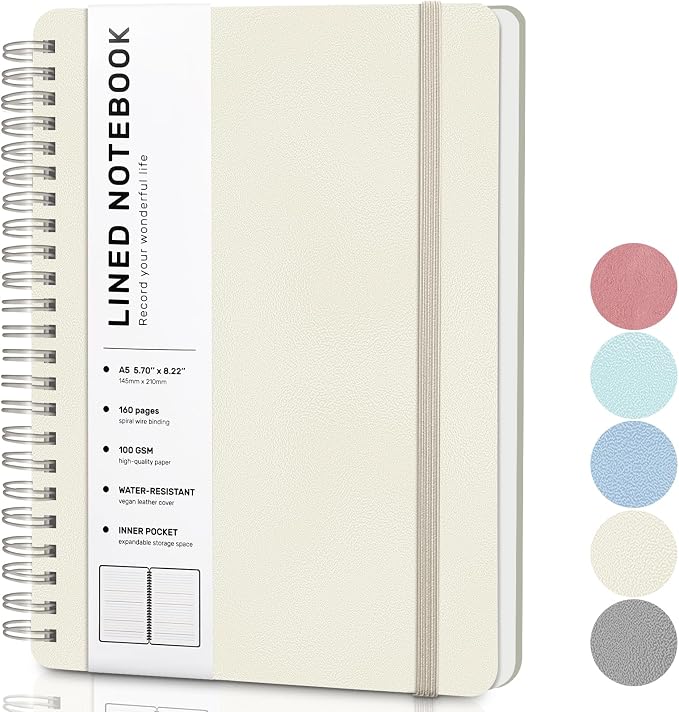 ABERLLS Lined Spiral Journal Notebook with 160 Pages, 8×5.7in, A5 Spiral Notebook, Journaling Notebooks for Work, School, Women, Men, College Ruled Spiral Notebook, Hardcover Leather Journals, Beige