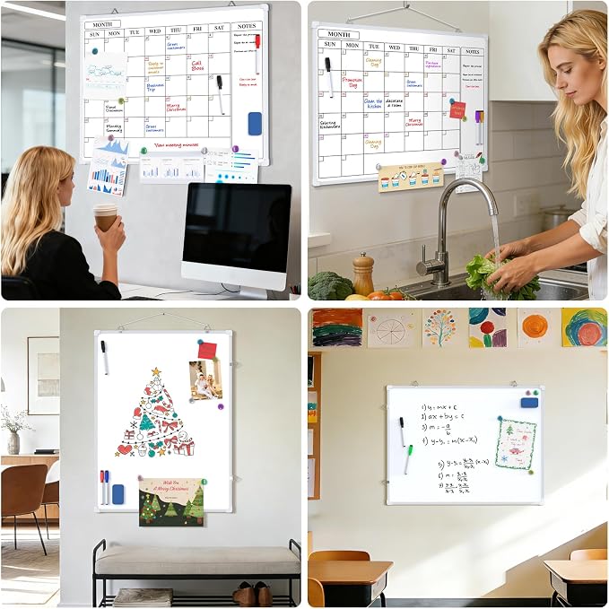 MaxGear Monthly Calendar Dry Erase Board for Wall, 24"x18", Aluminum Frame | Double-sided, magnetic surface, Includes 6 Markers & 6 Magnets, portable for Planning, Memo, to Do List, Home Office Kitchen