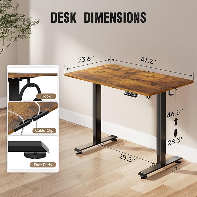 Veken 47.2 Inch Large Electric Standing Desk, Gaming Table, Brown | Height Adjustable Sit Stand Up Computer Tables for Home Office, Study , Writing, Suit students, employees and group work