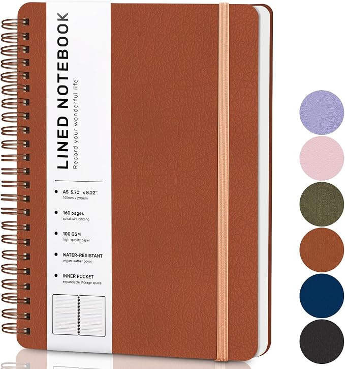 ABERLLS Lined Spiral Journal Notebook with 160 Pages, 8×5.7in, A5 Spiral Notebook, Journaling Notebooks for Work, School, Women, Men, College Ruled Spiral Notebook, Hardcover Leather Journals, Brown