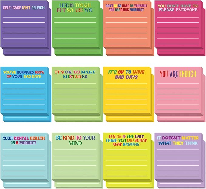 Yinder 24 Pcs Inspirational Sticky Notes, Back to School Supplies, Cute Motivational Sticky Notes Pad Employee Appreciation Gifts Bulk for Teacher Coworker Office 3 x 3'' (Mental Health,Dark Color)