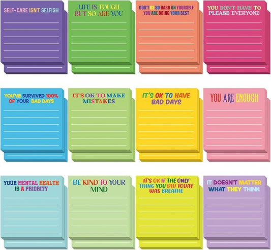 Yinder 24 Pcs Inspirational Sticky Notes, Back to School Supplies, Cute Motivational Sticky Notes Pad Employee Appreciation Gifts Bulk for Teacher Coworker Office 3 x 3'' (Mental Health,Dark Color)