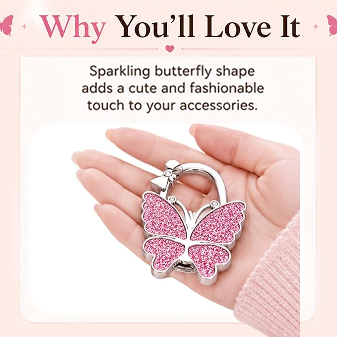 Purse Hook for Table, Foldable Handbag Hanger for Women, Portable Bag Holder with Non-Slip Base, Cute Colorful Glitter Butterfly Purse Table Hook for Restaurant Office Travel Gift