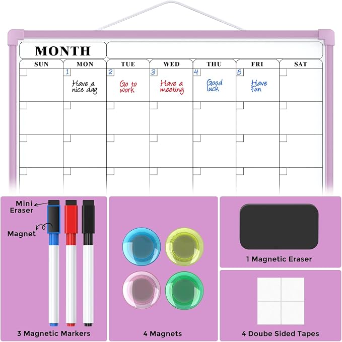 MaxGear Monthly Calendar Dry Erase Board for Wall, 16"x12", Purple Frame | Double-Sided, Hanging Small White Board, Portable Whiteboard for Planning, Drawing, Memo, to Do List, Home, Kitchen, Office