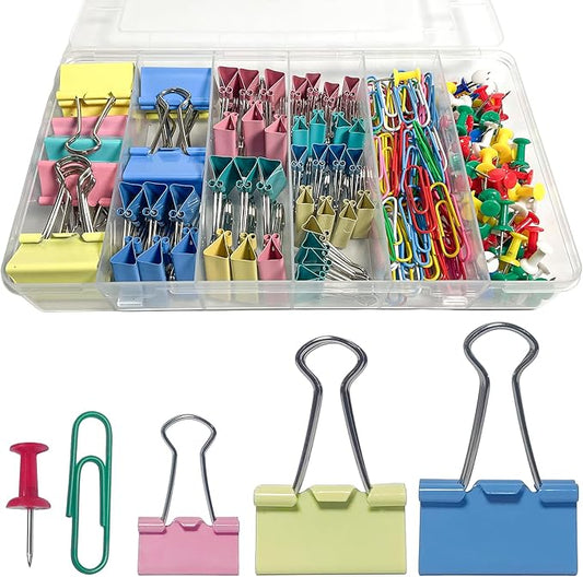 250 PCS Colored Office Clips Set - Assorted Sizes Paper Clips, Binder Clips & Push Pins | Durable Stainless Steel Paper Clamps, Thumb Tacks for Home, Office, College | Document Organizing Supplies
