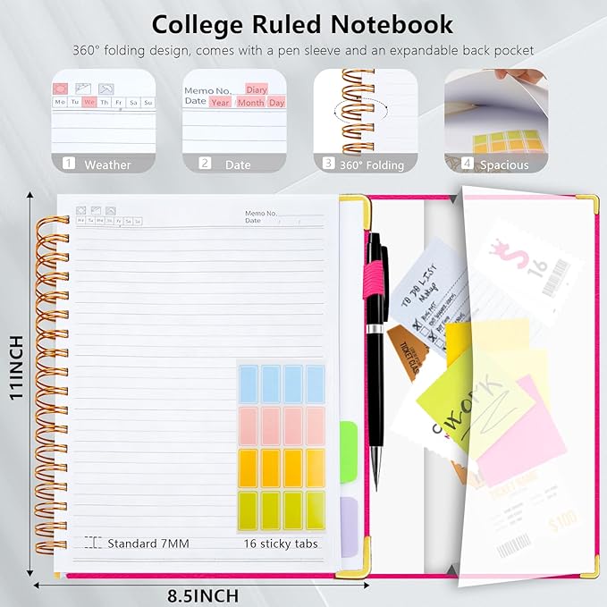 Hardcover Spiral Notebook College Ruled, 8.5"x11" Leather Journal Notebook with Magnetic Closure, 300 Pages 5 Subject Notebook with Dividers Tabs Journal for Women Men, Work, School(Rose Red)