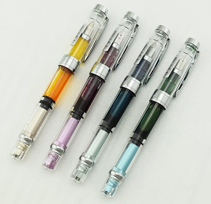 Lanxivi Yongsheng 3008 Piston Fountain Pen EF Extra Fine Nib,Transparent SilverTrim 4 Colors Set
