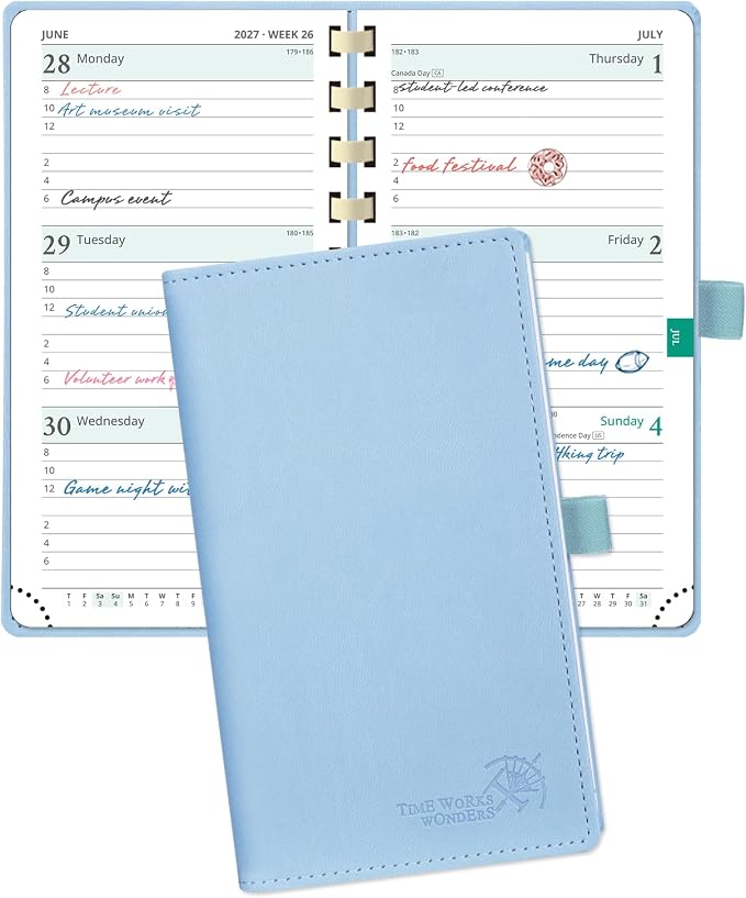 POPRUN 2027 Pocket Planner (Slim 3.5'' x 6.5'') Weekly and Monthly Calendar | 2027 Pocket Calendar(Jan - Dec) Appointment Book with Hourly Time Slots, Monthly Tabs, Spiral Leather Cover - Blue