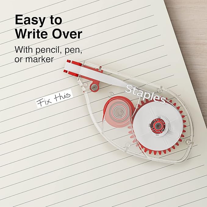 STAPLES Correction Tape, Easy Sidewinder Applicator for Instant Corrections, 10-Pack, White