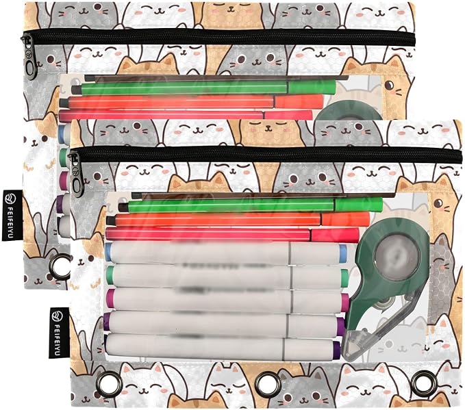 ALAZA Pencil Pouch for 3 Ring Binder, Cartoon Kitten Kitty Binder Pencil Pouches with Clear Window Zipper Pencil Case Cosmetic Bags for Office College Supplies, 2PCS