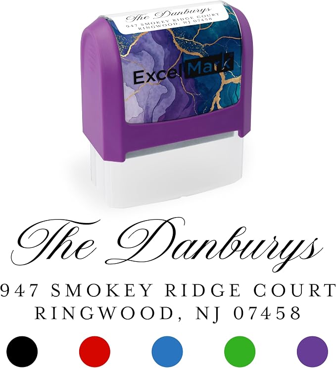 ExcelMark Custom Return Address Stamp (Purple, Heritage Classic) | Custom Return Address Stamp with Elegant Designs, Vibrant Colors & Patterns – Perfect for Mail, Invitations & Gifts