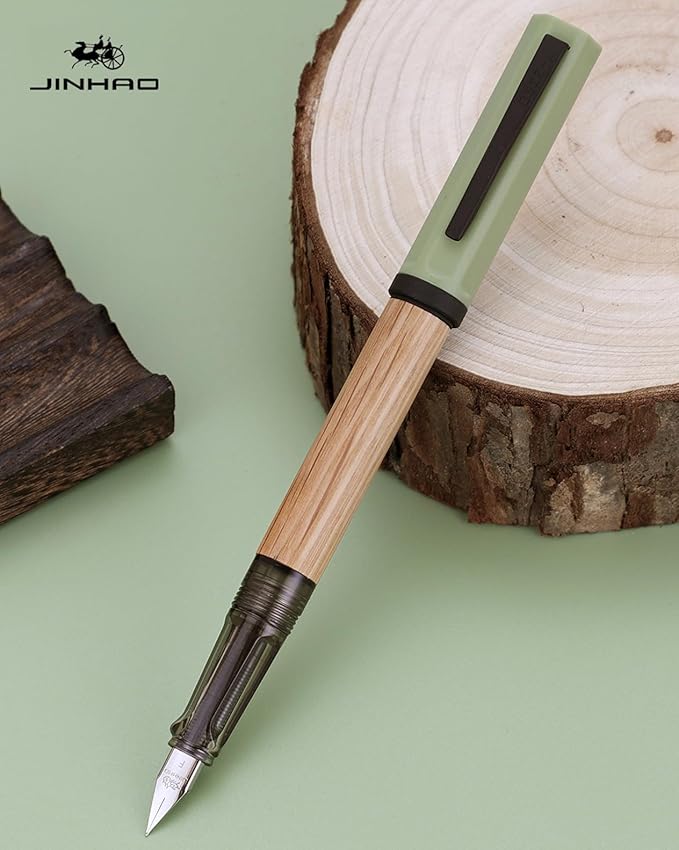 Jinhao 58 Natural Oak Wood Fountain Pen, Fine Nib Writing Pen (Green) | Handcrafted natural oak wood pen with converter. Elegant executive gift for journaling, sketching & calligraphy