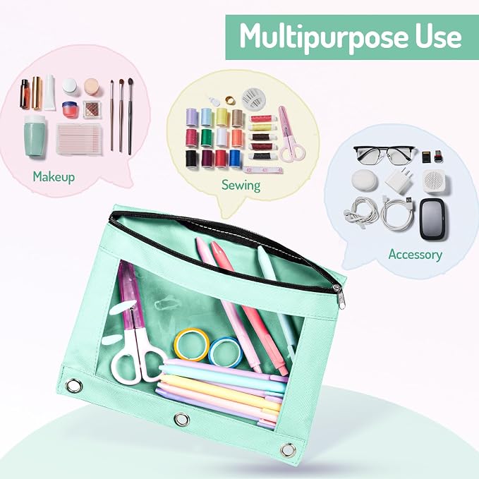 Forvencer Pencil Pouch for 3 Ring Binder, Pastels Pencil Case with Smooth Zipper, Cute Soft Pen Bag with Clear Window & 3 Reinforced Grommets, Big Capacity Binder Bag, School Office Supplies, Purple