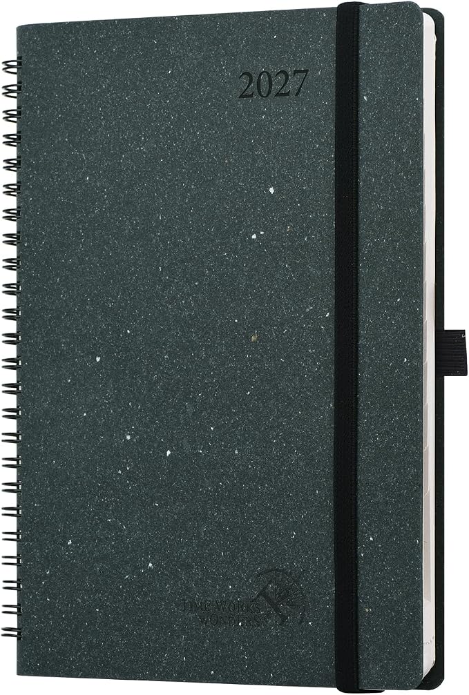 POPRUN 2027 Planner, 6.5''x8.5'' Recycled Paper Weekly and Monthly Calendar | Daily Calendar Book with Italian Regenrated Leather, Appointment Book with Hourly Time Slots, Pen Holder - Black Grey