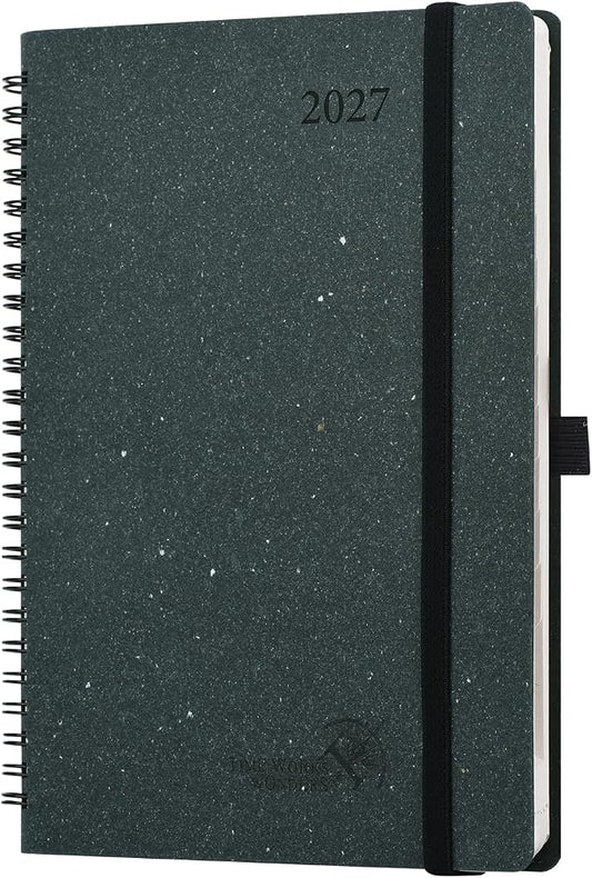POPRUN 2027 Planner, 6.5''x8.5'' Recycled Paper Weekly and Monthly Calendar | Daily Calendar Book with Italian Regenrated Leather, Appointment Book with Hourly Time Slots, Pen Holder - Black Grey