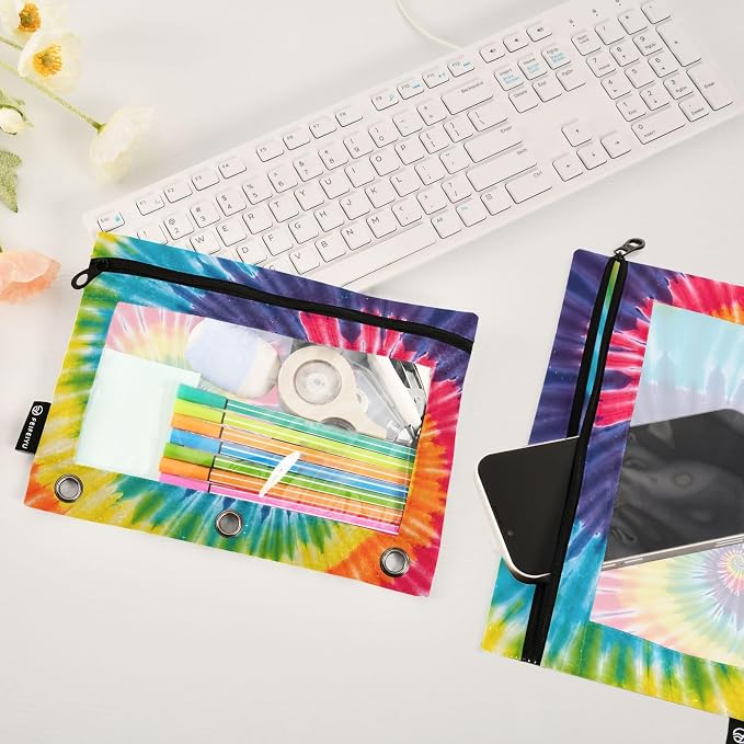 Tie Dye Rainbow Swirl Pencil Pouch for 3 Ring Binder 2 Pack Zipper Binder Pencil Bag with Clear Window Pencil Case for Office Supplies