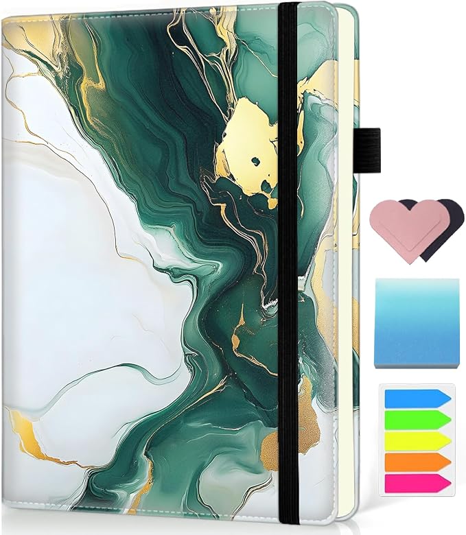 Hardcover Executive Notebooks, A5 PU Leather Lined Journal Notebook, 200 Pages Thick Paper Subject Notebooks for School,Work,Home Writing Business Notebook, Diary Book ，Emerald Green Gold Marble