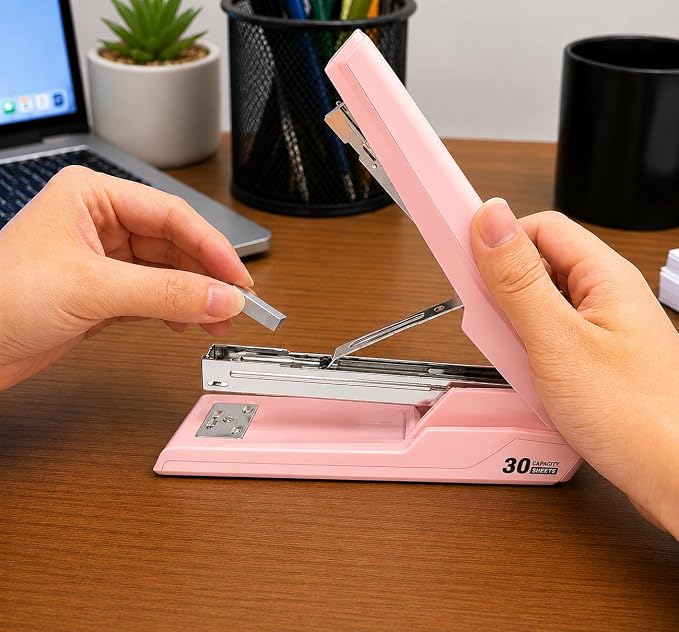 Metal Stapler with 830 Staples, Office Stapler, Staplers for Desk, 30 Sheet Capacity, Non-Slip, Pink