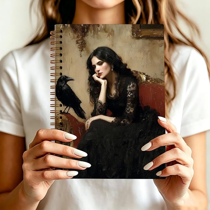 HOXUNQINA Dark Academia Gothic Lady and Raven Journal Notebook 5.5x8.3 | Raven Gifts for Women Journal, Gothic Office Supplies, Vintage Dark Romance Moody Aesthetic Notebooks for Work