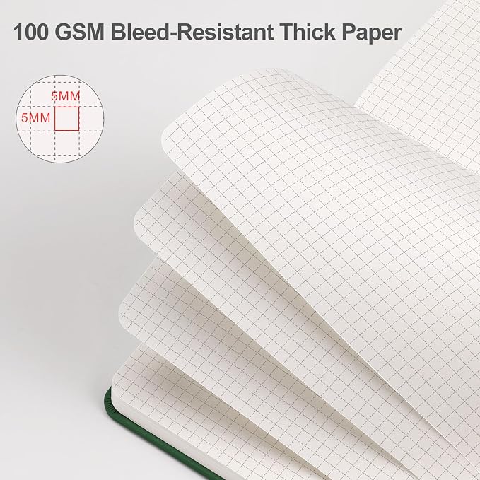 EMSHOI Graph Grid Journal Notebook, 192 Pages, A5 Size (5.7'' x 8.3'') | Leather Hardcover, 100 GSM Thick Paper, for School, Note Taking, Math, Engineering, Sun Debossed (Dark Green)