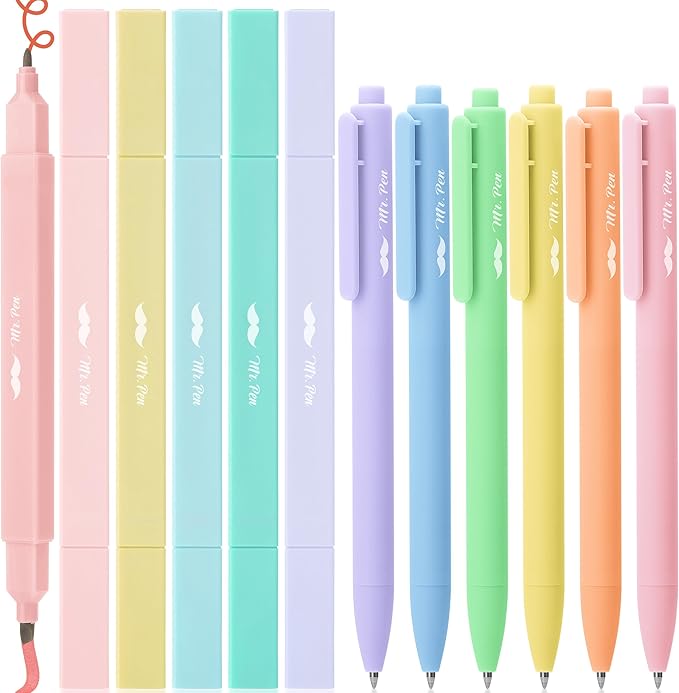 Mr. Pen- Dual Tip Aesthetic Highlighters and Gel Pens, 12 Pack | Pastel Colors Bible Highlighters No Bleed, Colored Ink Gel Pens, Fast Dry and No Smear for Bible Journaling, Planner