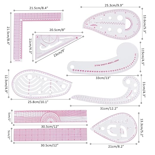 Fashion Clear Metric Sewing Ruler Set, French Curve Pattern Ruler Kit for Beginners Tailors Designers (A-9-Piece Set)