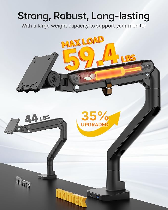 monTEK Heavy Duty Monitor Arm, 17-57" Ultrawide, Gas Spring, with USB，Black | Desk Monitor Mount Holds Max 57" Ultrawide Curved Screen Up to 59.4 lbs with USB 3.0A/C,No Sag,Clamp & Grommet Arm,75/100VESA