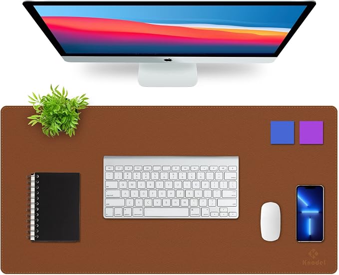 K KNODEL Large Sewing Leather Desk Mat, Desk Pad (Brown, 31.5"x 15.7") | Mouse and Keyboard Pad, PVC Computer and Laptop Mat, Desktop Protector and Cover, Writing Pad and Blotter for Home Office