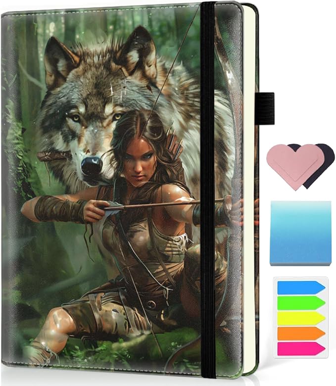 Hardcover Executive Notebooks, A5 PU Leather Lined Journal Notebook, 200 Pages Thick Paper Subject Notebooks for School,Work,Home Writing Business Notebook, Diary Book ，Hunting Beauty and Wolf