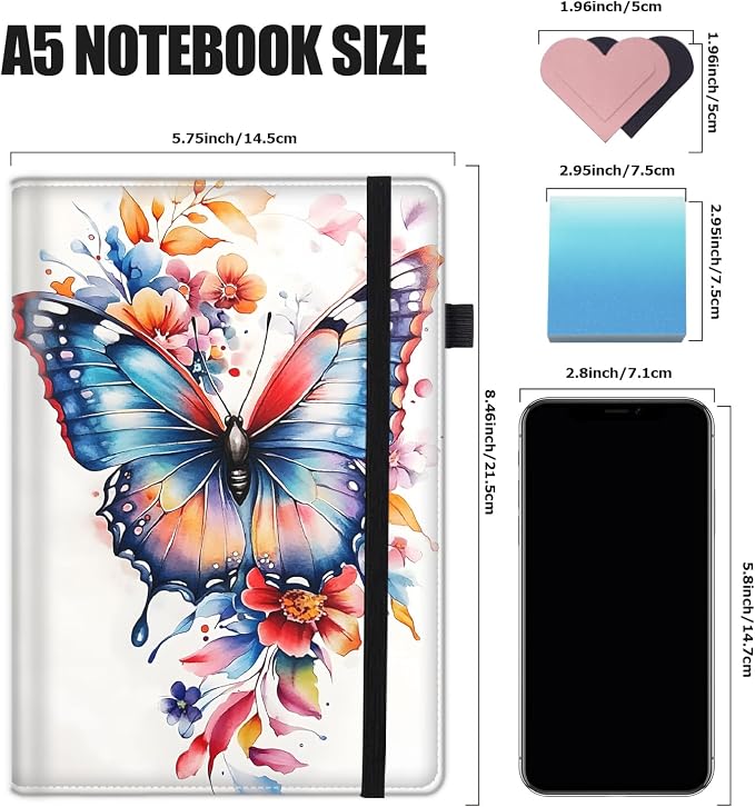 Hardcover Executive Notebooks, A5 PU Leather Lined Journal Notebook, 200 Pages Thick Paper Subject Notebooks for School,Work,Home Writing Business Notebook,Colorful Butterflies and Flowers