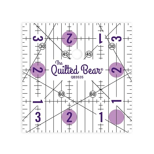 The Quilted Bear Square Quilting Ruler, Transparent Acrylic, 3.5" x 3.5" | Non-Slip, Precise Bold Lines, 30, 45 & 60 Degree Angles, 3mm Thick Transparent Acrylic, for Quilt Blocks, Sewing & Craft