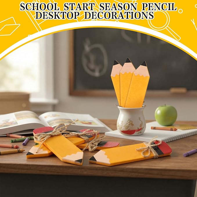 Novabright 7 Pcs Back to School Wooden Pencil Tiered Tray Decor 5.12 x 1.18 Inches Back to School Table Centerpiece Tabletop Classroom Teacher Pencil Name Tags Signs for DIY Crafts Desk Rustic Decor
