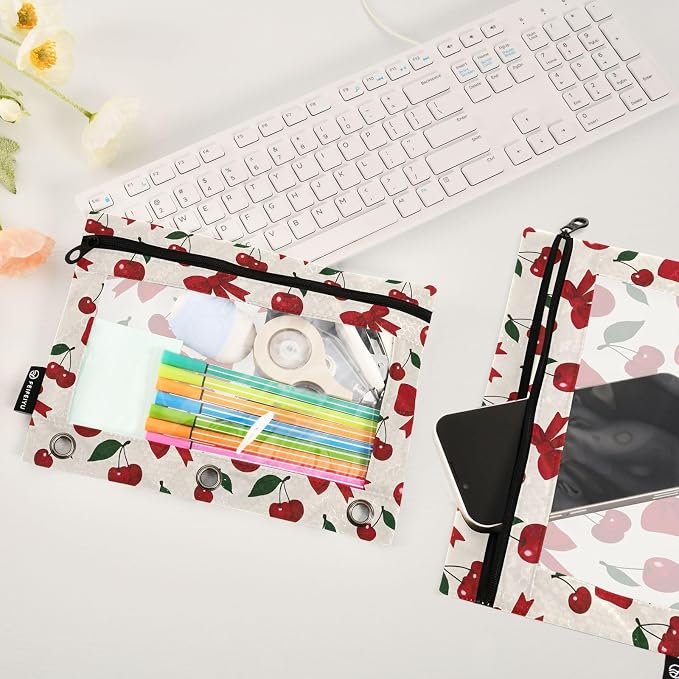 Cherry Red Bow Pencil Pouch for 3 Ring Binder 2 Pack Zipper Binder Pencil Bag Case with Clear Window Office Supplies
