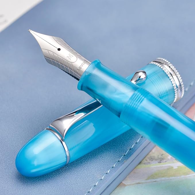 Asvine V800 Fountain Pen – Vacuum Filling System with Large Ink Capacity – Smooth Number 8 Extra Fine Nib with Gift Case and Wrench- Sky Blue Acrylic