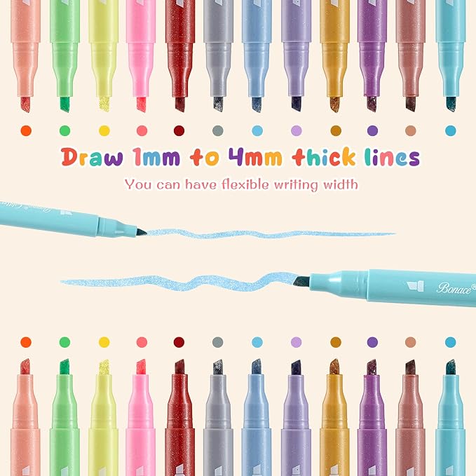 Silver Glitter Highlighters, 12 Metallic Colors, No Bleed Chisel Tip | Quick Dry for Bible Journaling, Planners, Scrapbooks & DIY Crafts